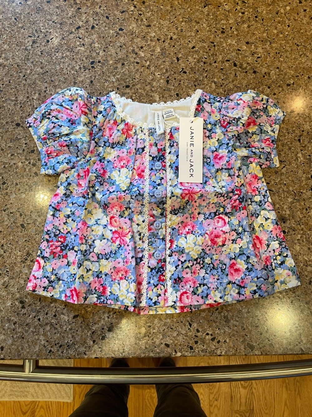 Janie and Jack Pink Blue Floral Puff-Sleeve Girls' Blouse size 6-12 month